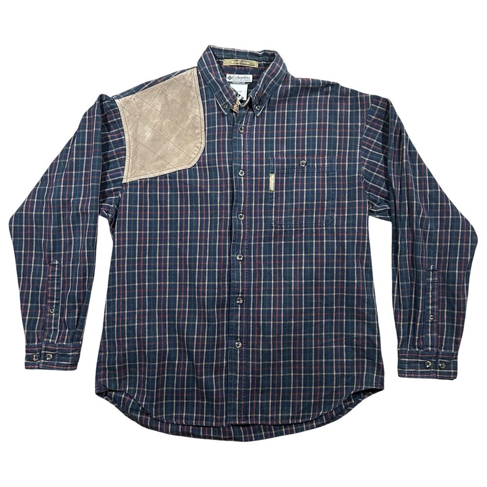Columbia Plaid Hunting Shooting Shirt Men’s Medium Leather Patch Button Up